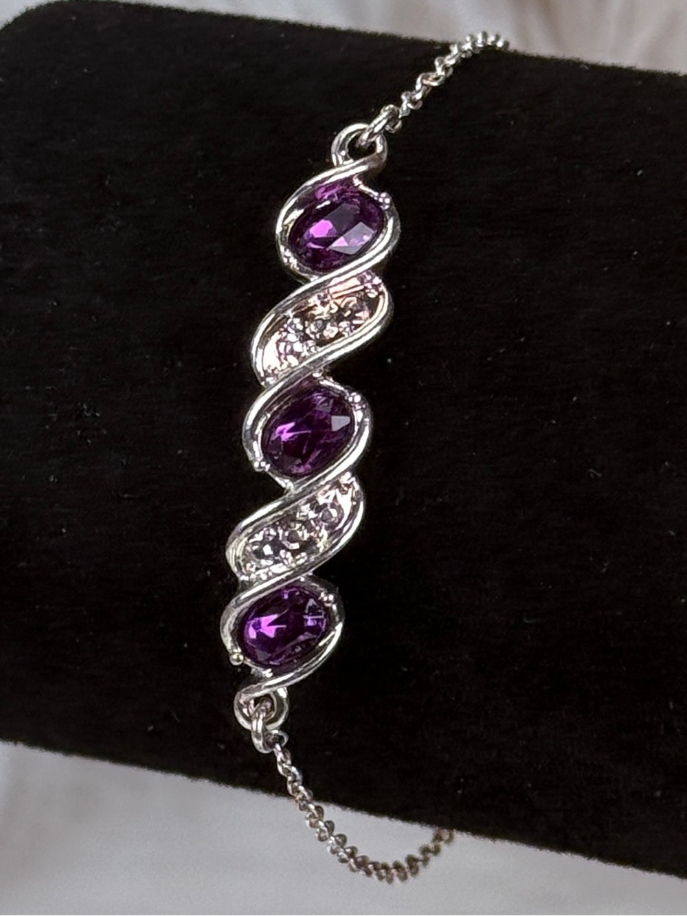 Beautiful Silvertone, purole and clear bling adjustable bracelet